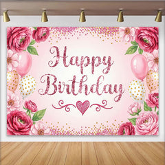 Lofaris Glitter Pink Happy Birthday Backdrop with Floral and Balloons, Elegant Party Decor Background for Girls Photoshoot