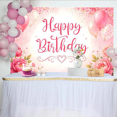 Lofaris Pink Floral Glitter Happy Birthday Backdrop with Balloons and Roses, Beautiful Party Decoration Background for Girls Photoshoot