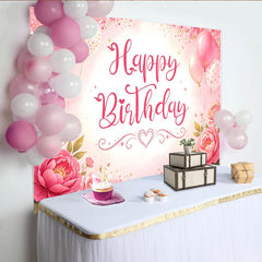 Lofaris Pink Floral Glitter Happy Birthday Backdrop with Balloons and Roses, Beautiful Party Decoration Background for Girls Photoshoot
