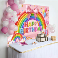 Lofaris Pink Rainbow Birthday Backdrop with Balloons and Stars, Vibrant Festive Party Background for Celebration Photography