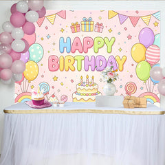 Lofaris Pastel Pink Cartoon Happy Birthday Backdrop with Colorful Balloons and Cake, Cute Party Decor for Kids Photoshoot and Celebration