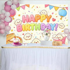 Lofaris Colorful Cartoon Steamed Bun Happy Birthday Backdrop with Lanterns and Confetti, Cute Party Background for Kids Photoshoot Decor