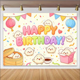 Lofaris Colorful Cartoon Steamed Bun Happy Birthday Backdrop with Lanterns and Confetti, Cute Party Background for Kids Photoshoot Decor