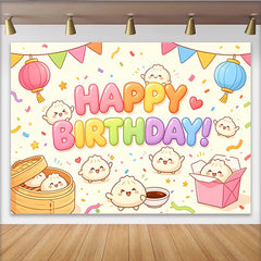 Lofaris Colorful Cartoon Steamed Bun Happy Birthday Backdrop with Lanterns and Confetti, Cute Party Background for Kids Photoshoot Decor
