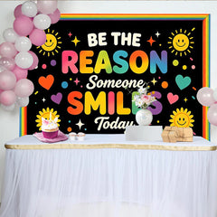 Lofaris Retro Groovy Quote Photography Backdrop with Smiling Suns and Hearts, Be The Reason Someone Smiles Today for Studio Photoshoot