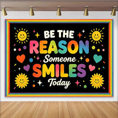 Lofaris Retro Groovy Quote Photography Backdrop with Smiling Suns and Hearts, Be The Reason Someone Smiles Today for Studio Photoshoot