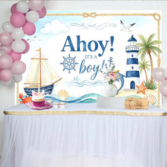 Lofaris Nautical Ahoy It's a Boy Baby Shower Backdrop, Ocean Theme Lighthouse Sailboat Photography Background
