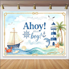 Lofaris Nautical Ahoy It's a Boy Baby Shower Backdrop, Ocean Theme Lighthouse Sailboat Photography Background