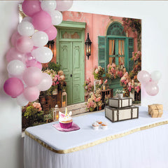 Lofaris Pastellfarbener Vintage-Blumen-Hintergrund mit Tür und Fenster, für Partys und Fotoshootings, romantische Kulisse