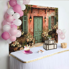 Lofaris Rustikale rosafarbene Wand, grüne Tür, Blumen Fotohintergrund, mit Laternen und Lichterketten für Hochzeiten und Partys.