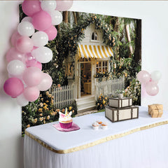 Lofaris Märchenhaftes Gartenhäuschen mit Rosen Partyhintergrund, gelb-weiß gestreifte Markise, für Babyparty und Geburtstag