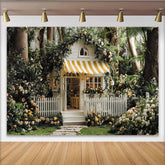Lofaris Enchanting Floral Garden Cottage Photography Backdrop with Yellow Striped Awning, Fairytale Studio Background for Photoshoot Decor.