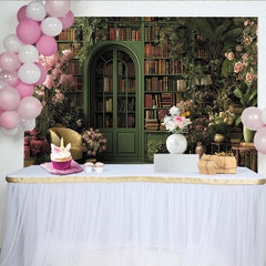 Lofaris Lush Green Library Photography Backdrop with Pink Flowers and Vintage Books, Elegant Studio Background for Portrait Photoshoot