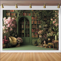 Lofaris Lush Green Library Photography Backdrop with Pink Flowers and Vintage Books, Elegant Studio Background for Portrait Photoshoot