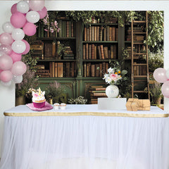 Lofaris Enchanted Library Backdrop with Green Bookshelves and Lush Greenery, Vintage Floral Background for Studio Photoshoot and Portrait