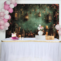 Lofaris Vintage Floral Photography Backdrop with Glowing Lanterns and Candles, Elegant Dark Green Wall for Portrait Photoshoot