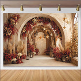 Lofaris Elegant Christmas Archway Backdrop with Red Flowers and Stars, Festive Winter Holiday Photography Background for Party Decor