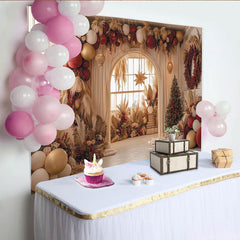 Lofaris Christmas Pampas Grass Balloon Backdrop with Red and Gold Decor, Elegant Holiday Party Background for Festive Photoshoot