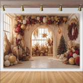 Lofaris Christmas Pampas Grass Balloon Backdrop with Red and Gold Decor, Elegant Holiday Party Background for Festive Photoshoot