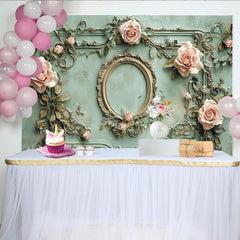 Lofaris Vintage Floral Photography Backdrop with Ornate Frame and Pink Roses, Elegant Textured Wall Background for Studio Photoshoot