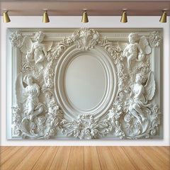 Lofaris White Ornate Cherub Fine Art Photography Backdrop, Baroque Floral Design Background for Elegant Portrait Photoshoot
