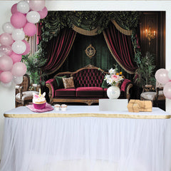 Elevate Vintage Victorian Portrait Backdrop with Red Velvet Sofa and Green Curtains, Elegant Studio Background for Professional Photography