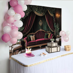 Elevate Vintage Victorian Portrait Backdrop with Red Velvet Sofa and Green Curtains, Elegant Studio Background for Professional Photography