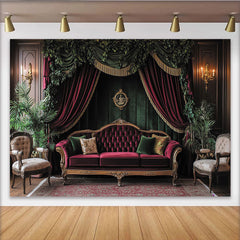Elevate Vintage Victorian Portrait Backdrop with Red Velvet Sofa and Green Curtains, Elegant Studio Background for Professional Photography