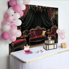 Lofaris Vintage Velvet Floral Photography Backdrop, Luxurious Red Sofa and Green Drapes Studio Background for Elegant Portrait
