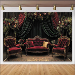 Lofaris Vintage Velvet Floral Photography Backdrop, Luxurious Red Sofa and Green Drapes Studio Background for Elegant Portrait