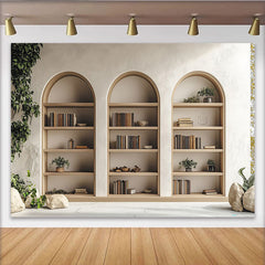 Lofaris Elegant Arched Bookshelf Photography Backdrop with Green Plants, Minimalist Wall Tapestry for Professional Portrait