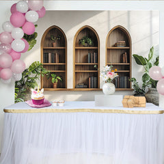 Lofaris Rustic Arch Bookshelf Photography Backdrop with Green Plants and Books, Cozy Indoor Studio Background for Portrait Photo