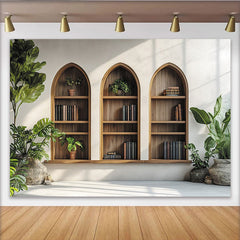 Lofaris Rustic Arch Bookshelf Photography Backdrop with Green Plants and Books, Cozy Indoor Studio Background for Portrait Photo