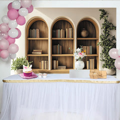 Lofaris Arched Wooden Bookshelf Photography Backdrop with Green Plants and Books, Cozy Library Background for Studio Portrait