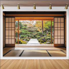 Lofaris Traditional Japanese Room with Serene Garden Photography Backdrop, Autumn Nature Landscape Background for Studio Photoshoot