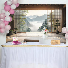Lofaris Japanese Zen Room Photography Backdrop with Misty Mountain View, Serene Wooden Interior Studio Background for Portrait Sessions