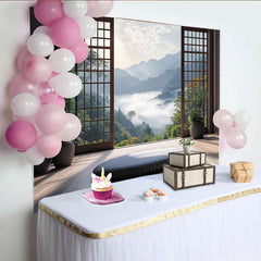 Lofaris Japanese Window Frame Natural Scenery Photography Backdrop, Misty Mountain View Background for Studio Photoshoot