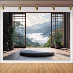 Lofaris Japanese Window Frame Natural Scenery Photography Backdrop, Misty Mountain View Background for Studio Photoshoot