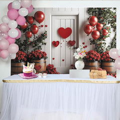 Lofaris Red Valentines Day Backdrop with Heart Balloons, Roses, and White Door, Romantic Photo Background for Couple Party Decor