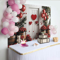 Lofaris Red Valentines Day Backdrop with Heart Balloons, Roses, and White Door, Romantic Photo Background for Couple Party Decor