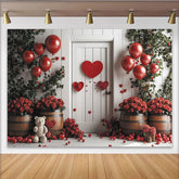 Lofaris Red Valentines Day Backdrop with Heart Balloons, Roses, and White Door, Romantic Photo Background for Couple Party Decor