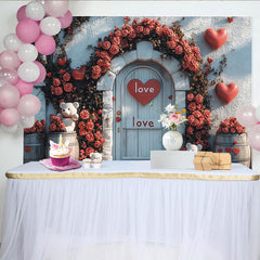 Lofaris Rustic Valentines Day Backdrop with Red Roses, Hearts, and Teddy Bears, Romantic Door Background for Couple Photoshoot