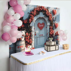 Lofaris Rustic Valentines Day Backdrop with Red Roses, Hearts, and Teddy Bears, Romantic Door Background for Couple Photoshoot