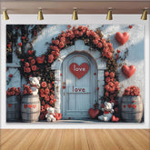 Lofaris Rustic Valentines Day Backdrop with Red Roses, Hearts, and Teddy Bears, Romantic Door Background for Couple Photoshoot