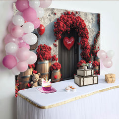 Lofaris Romantic Red Roses Valentines Day Backdrop with Love Hearts and Teddy Bears, Rustic Wooden Door Background for Couple Photoshoot
