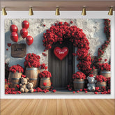 Lofaris Romantic Red Roses Valentines Day Backdrop with Love Hearts and Teddy Bears, Rustic Wooden Door Background for Couple Photoshoot