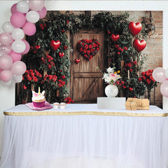 Lofaris Rustic Wooden Door Holiday Backdrop with Red Roses, Green Foliage, and Heart Balloons for Valentine's Day