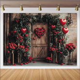 Lofaris Rustic Wooden Door Holiday Backdrop with Red Roses, Green Foliage, and Heart Balloons for Valentine's Day