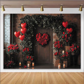 Lofaris Romantic Red Roses Heart Wreath Holiday Backdrop, Rustic Wooden Door with Greenery, Balloons and Candles