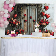 Lofaris Lush Green Vines and Rustic Door with Red Heart Balloons, Roses Romantic Holiday Backdrop for Valentine's Day.